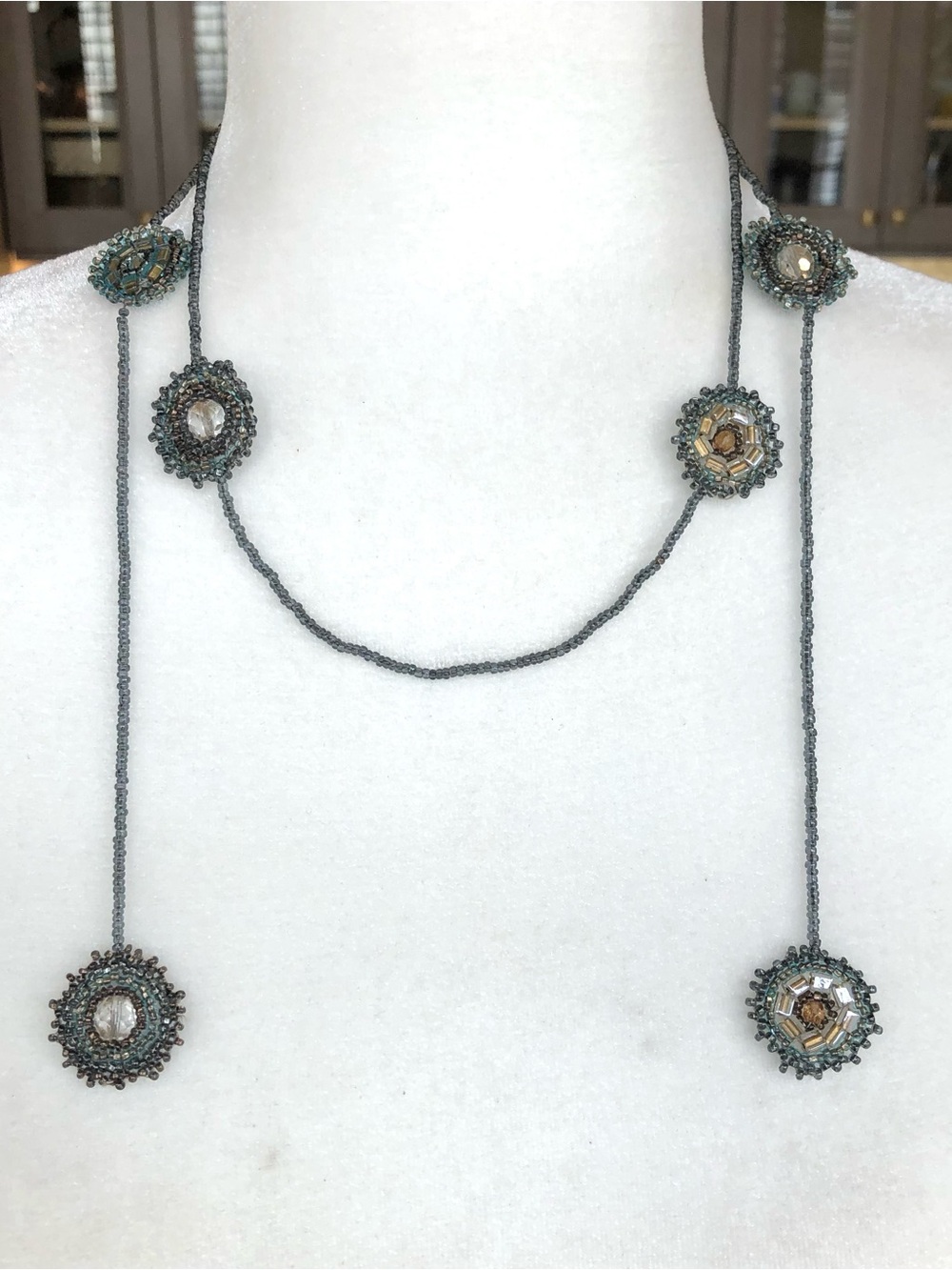 ⁠Boho Beaded Lariat Necklace Metallic Teal Bronze Crystal Medallion Wrap Jewelry